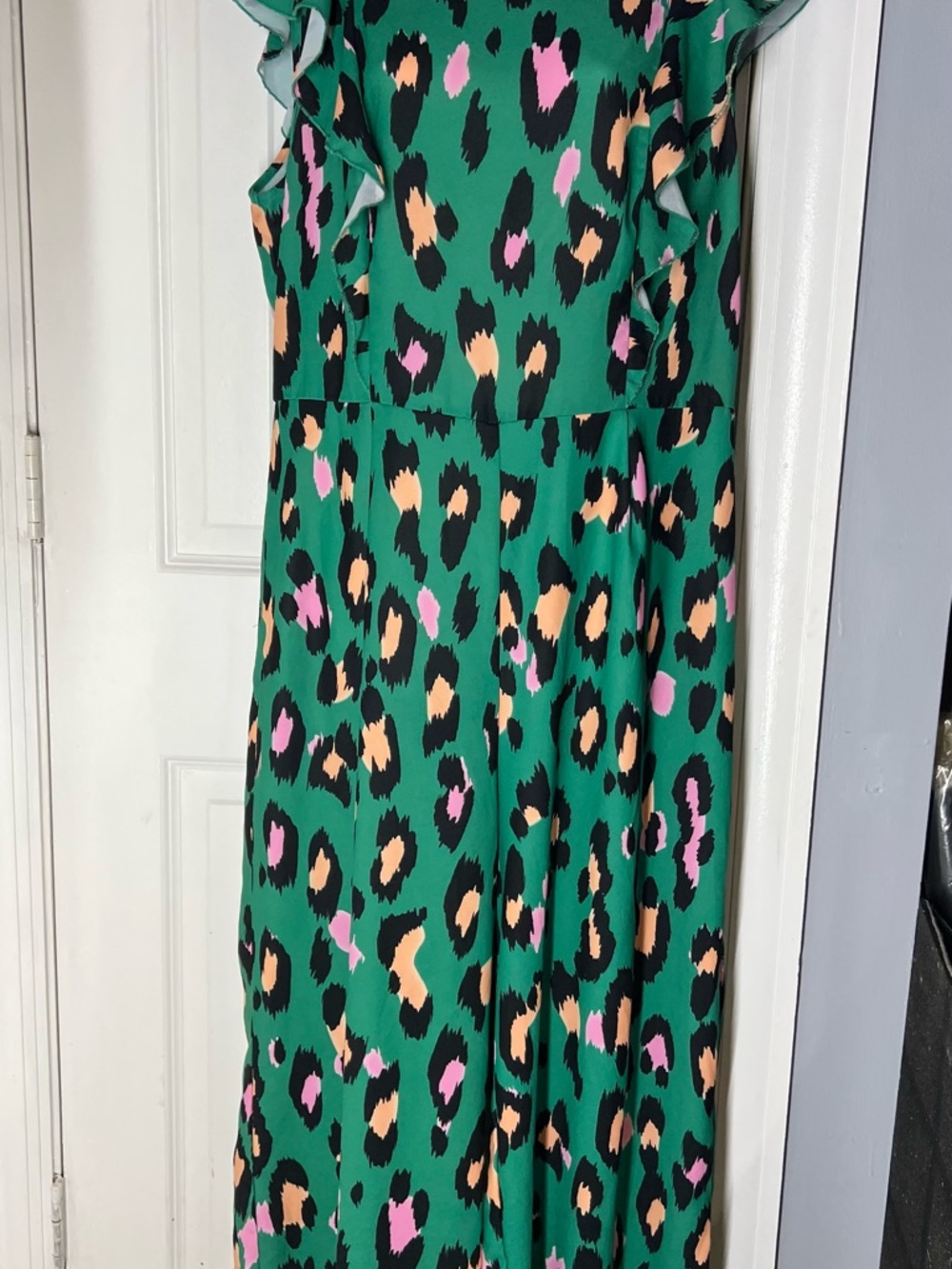 Green Leopard Print Jumpsuit with Pink & Peach Accents